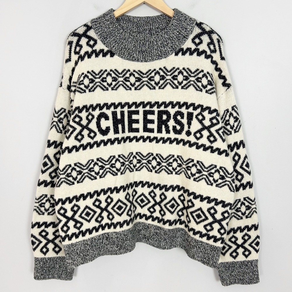 A New Day Sweater Cream Black Cheers Fair Isle Knit Winter Size XXL Women's